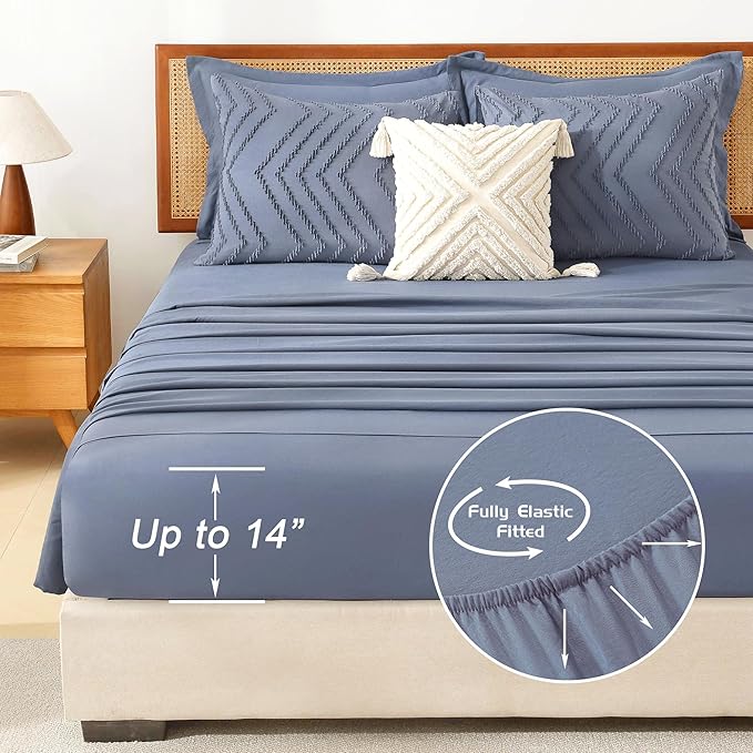 Litanika King Size Comforter Set with Sheets Bluish Grey - 7 Pieces Bed in a Bag King Chevron Tufted Complete Bedding Sets with Comforter, Sheets, Pillowcases & Shams