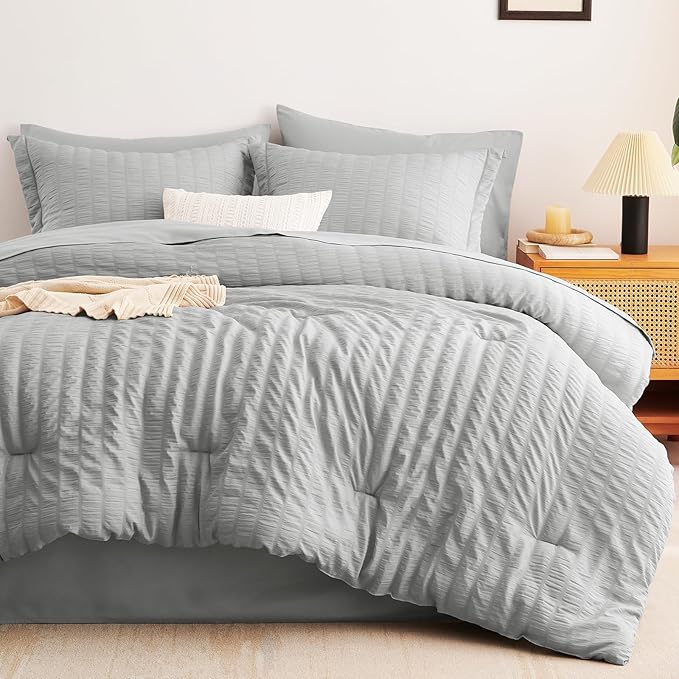 CozyLux Oversized Queen Comforter Set Light Grey Seersucker 7 Pieces Bed in a Bag Queen Comforter Set with Sheets, Luxury Soft Bedding Set with Down Alternative Comforter, Sheets, Pillowcases & Shams