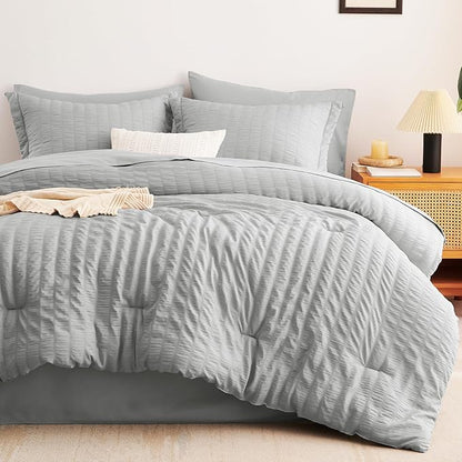 CozyLux King Size Comforter Set Light Grey Seersucker 7 Pieces Bed in a Bag King Comforter Set with Sheets, Luxury Bedding Set with Down Alternative Comforter, Sheets, Pillowcases & Shams All Seasons