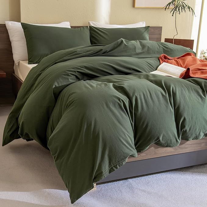 Sanracie Olive Green Queen Size Comforter Set Cotton,Dark Green Bedding Comforers Set Solid Color,3 Pieces Lightweight Aesthetic Queen Bedding Set for All Seasons
