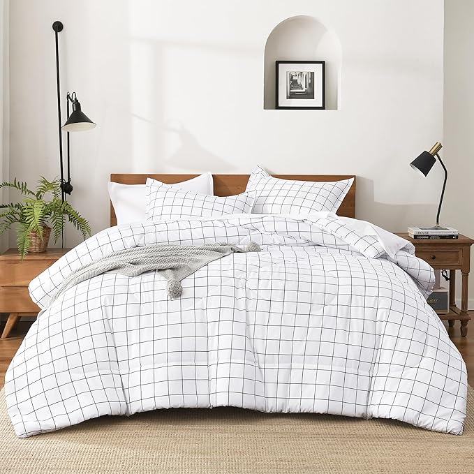 Andency Queen Comforter Set White Gingham, Plaid Grid Checkered Bedding Comforter Set Queen Size, 3 Pieces Lightweight Reversible Geometric Modern Bedding Set(90x90 Inch)