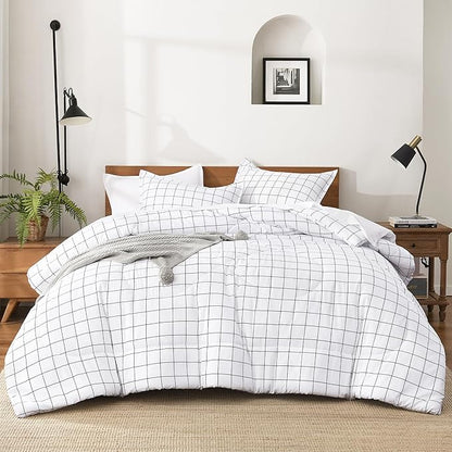Andency Queen Comforter Set White Gingham, Plaid Grid Checkered Bedding Comforter Set Queen Size, 3 Pieces Lightweight Reversible Geometric Modern Bedding Set(90x90 Inch)