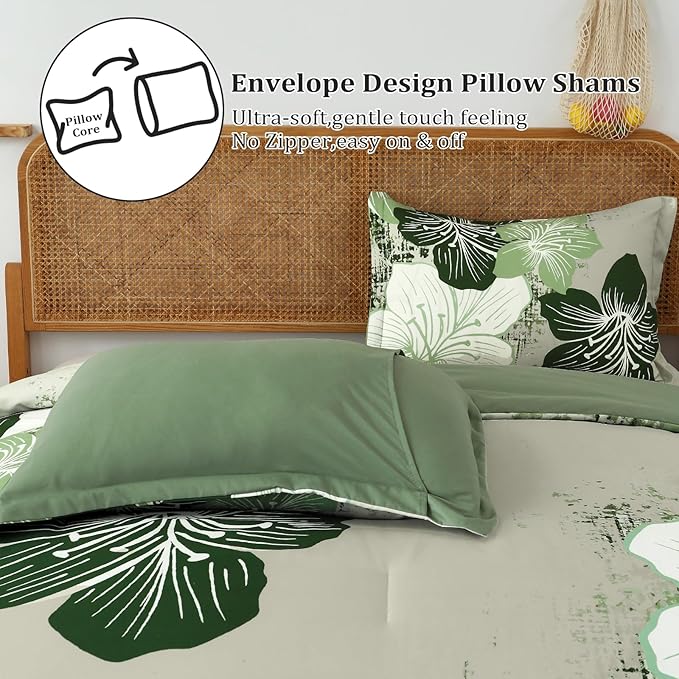 Menghomeus Floral Comforter Set King Ombre Green Bedding Lightweight Microfiber Bed Comforter for All Season, 3 Piece Flowers Comforter with 2 Pillowcases