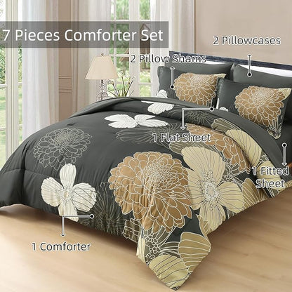 Yiran King Khaki Grey Brown Boho Comforter Set - 7 Pieces Floral Bedding Sets,Bed in a Bag Soft Microfiber Comforter with Flat Sheet Fitted Sheet Pillowshams Pillowcases