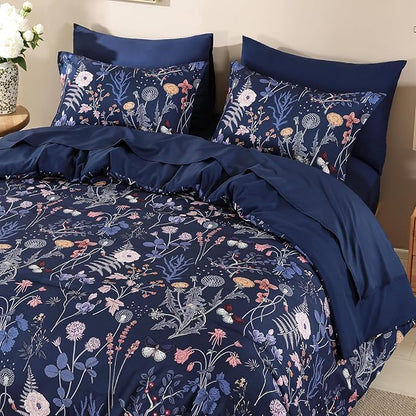 Yiran King Size Comforter Set, 7 Pieces Navy Blue Floral Soft Bedding Sets, King Bed in a Bag with Botanical Flowers Winter Comforter, Sheets, Pillowcases & Shams