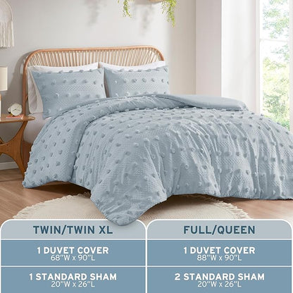 Intelligent Design Twin Duvet Cover Set, Clipped Jacquard Duvet Set Chic Pompom Accent, All Seasons Lightweight Microfiber Bed Cover for Comforter with 1 Sham, Lucy, Twin/Twin XL, Blue 2 Piece