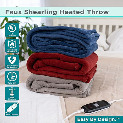 BLACK+DECKER Heated Blanket Electric Throw, Faux Shearling Electric Blanket, Heating Blanket with 4 Heating Levels, 3H Timer, Auto Shutoff, Fast Heating (50x60 inches, Maroon)