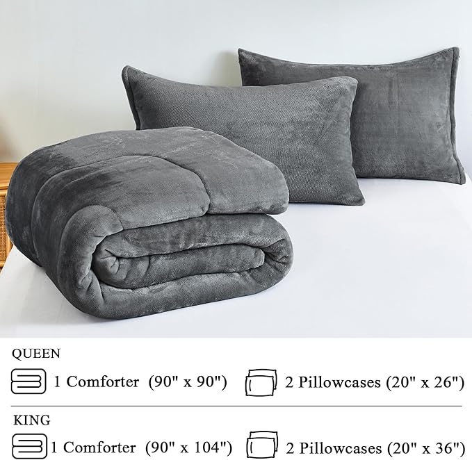 Faux Fur Comforter Set, Ultra Soft Warm Plush Velvet Comforter, Fluffy Fuzzy Fleece Bedding Comforter Sets for Fall Winter, No Shedding, 3PC, Queen Size, Dark Grey