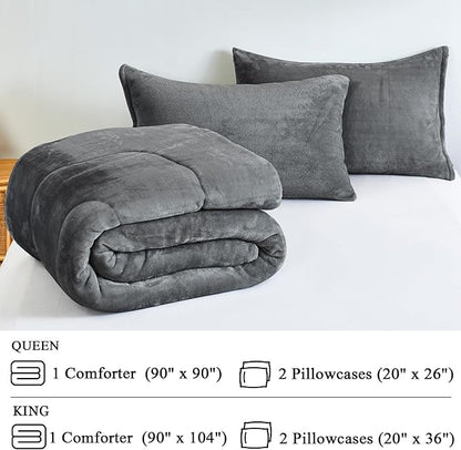 Faux Fur Comforter Set, Ultra Soft Warm Plush Velvet Comforter, Fluffy Fuzzy Fleece Bedding Comforter Sets for Fall Winter, No Shedding, 3PC, Queen Size, Dark Grey