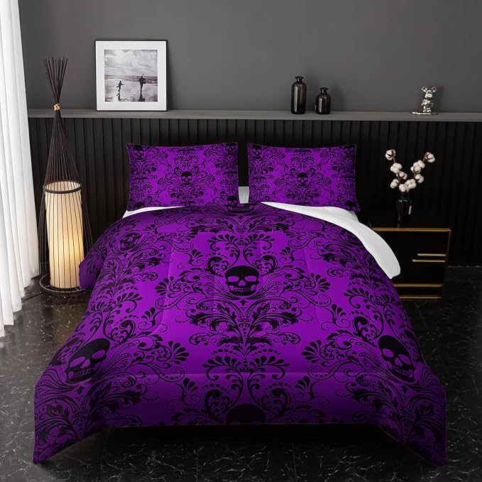Adults Violet Gothic Comforter Set Full Size,Vintage Damask Floral Bedding Set 3Pcs,Bohemia Bedding Set Goth Skull Printed Quilted Set for Teens Adult with 1 Comforter and 2 Pillowcase