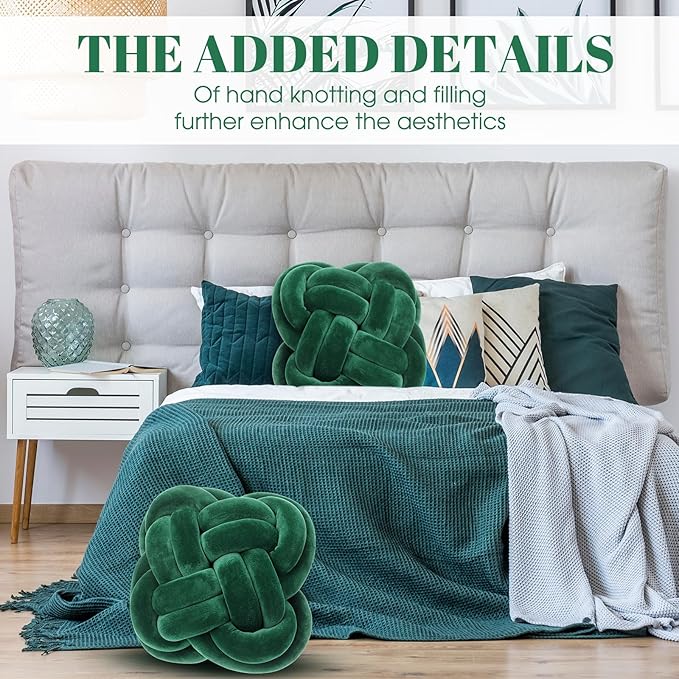 2 Pcs Knot Pillow Balls Set, 12 Inch Soft Decorative Throw Knot Pillow Ball, Large Square Knotted Floor Cushion for Living Room Bedroom Sofa Couch Bed Home Decoration(Dark Green)
