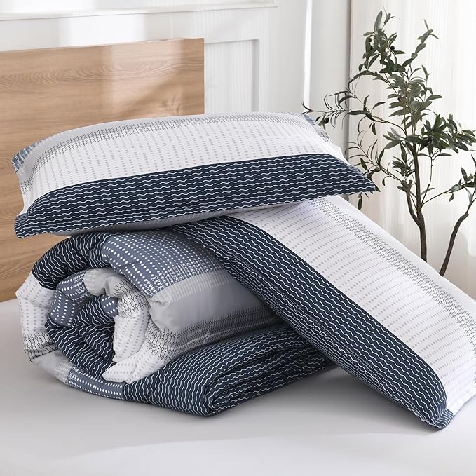 Litanika Oversized King Comforter Set Black Blue 128x120-3 Pieces Lightweight Colorblock Stripe Fluffy Bedding Comforter Sets, All Season Bed Set