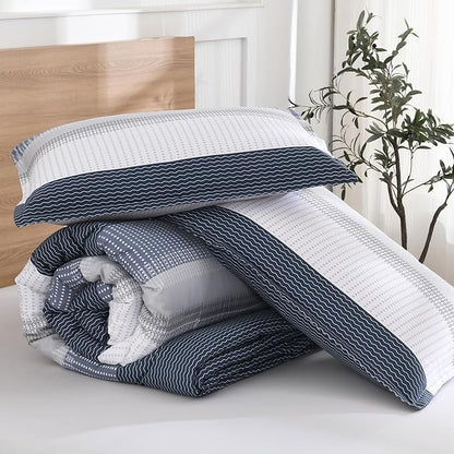 Litanika Oversized King Comforter Set Black Blue 128x120-3 Pieces Lightweight Colorblock Stripe Fluffy Bedding Comforter Sets, All Season Bed Set