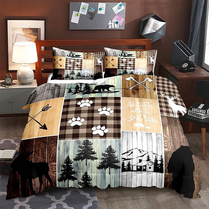 LUVIVIHOME 3PCS Cabin Rustic Comforter Set Full Size, Black Bear Deer Elk Moose Woodland Forest Animals Wildlife Hunting Brown Plaid Patchwork Lodge Country Farmhouse Bedding Quilt, 2 Pillow Shams