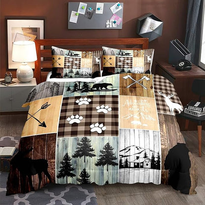 LUVIVIHOME 3PCS Cabin Rustic Comforter Set Full Size, Black Bear Deer Elk Moose Woodland Forest Animals Wildlife Hunting Brown Plaid Patchwork Lodge Country Farmhouse Bedding Quilt, 2 Pillow Shams