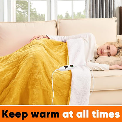 greenoak Heated Blanket Electric Twin 62"X84", Heating Blankets with 10 Levels 8 Hours Auto-Off,Soft Flannel Sherpa Fluffy House Warming Gifts for Grandma Seniors Mom,Ginger Yellow
