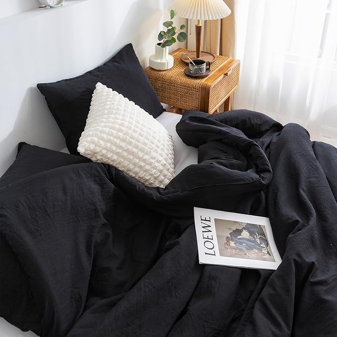 Ultra-Soft Black Twin Comforter Set, Washed Cotton 2 Piece Fluffy Lightweight Down Alternative Bedding Comforter for All Seasons - 1 Conforter and 1 Pillowcase - Twin/Twin XL Size Signal Dorm Kids Bed