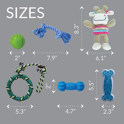 rocket & rex Dog Chew Toy Set for Small to Medium Breeds, Includes All Natural Rubber, Cotton, Ball & Rope Toys, Ideal Puppy Chew Toys for Teething, Reduces Destructive Chewing & Anxiety (Pack of 6)