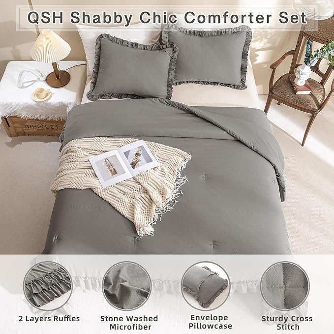 QSH Gray Ruffled Comforter Set King Size（106x92inches）, 3pcs Shabby Farmhouse Boho Chic Bedding Comforter Sets, Ultra Soft Lightweight Microfiber Inner Fill Grey Fluffy Vintage Comforter for Bed