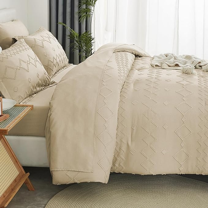 EMME Twin Comforter Set - 5 Pcs Beige Boho Bedding Sets, Tufted Comforter with Sheets, Shabby Chic Embroidery Twin Bed Set Fluffy Bed Bag for All Season(68"X90")