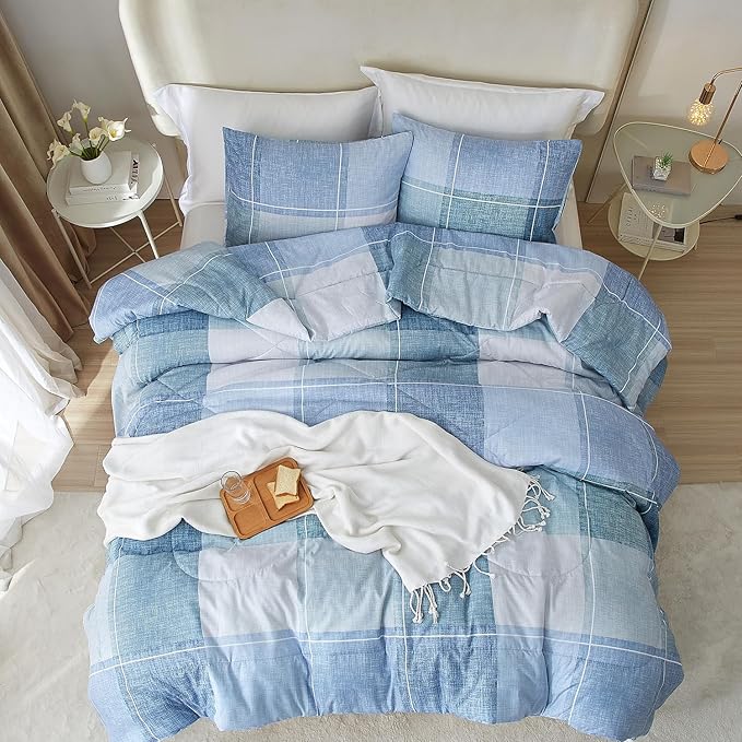 mixinni Blue Gingham Comforter Set Queen, Plaid Comforter Set 3 Pieces 1 Blue Grid Comfoter with 2 Pillow Cases for All Seasons, Soft Fluffy Modern Grid Pattern Printed Bedding-Queen Size