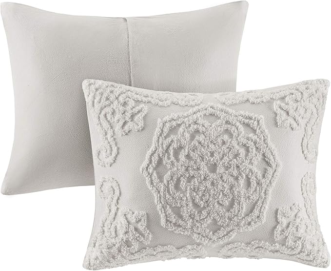 Madison Park Laetitia Comforter Bohemian Tufted Cotton Chenille, Medallion Shabby Chic All Season Down Alternative Bed Set with Matching Shams, Floral Grey Full/Queen(90"x90") 3 Piece