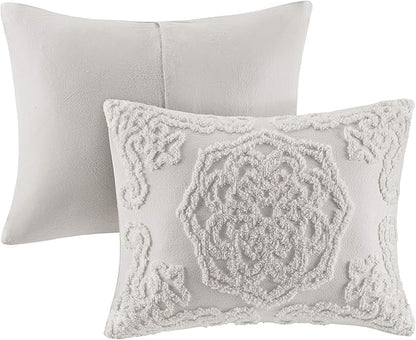 Madison Park Laetitia Comforter Bohemian Tufted Cotton Chenille, Medallion Shabby Chic All Season Down Alternative Bed Set with Matching Shams, Floral Grey Full/Queen(90"x90") 3 Piece