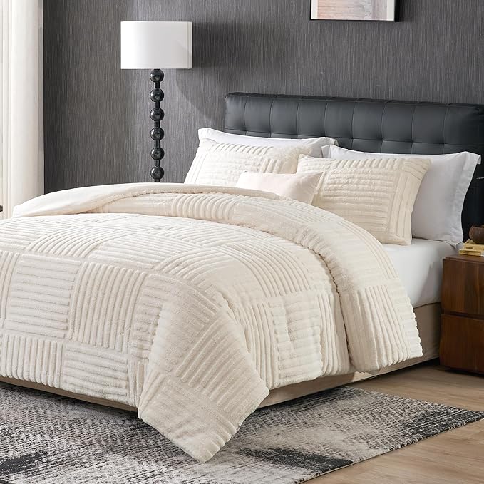 Amélie Home King Size Comforter Set with Stripe Jacquard Design, Beige Fluffy Fleece Bedding Set, Super Warm Fuzzy Plush Bedding Set for Winter, 3 Pieces, 1 Soft Comforter and 2 Pillowcases