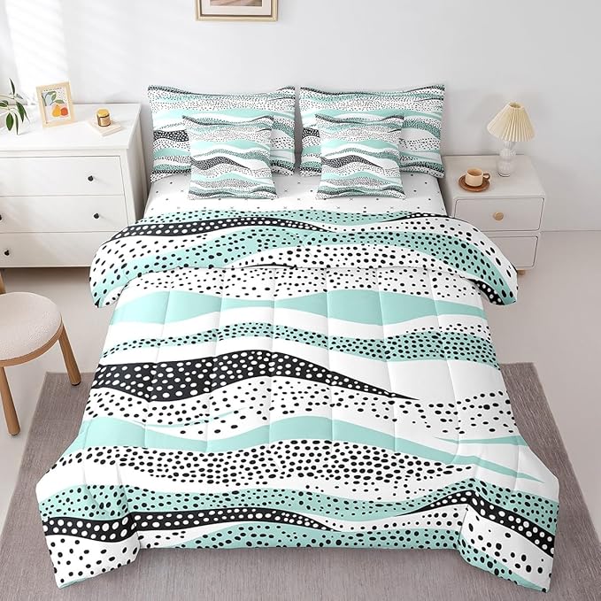 Erosebridal Geometric Wave Full Comforter Set 7 Pieces Teal White Bedding Comforter Sets, Black Polka Dots Bed in a Bag Modern Abstract Art Bedding Set, Vintage Minimalist Bed Sheets Set