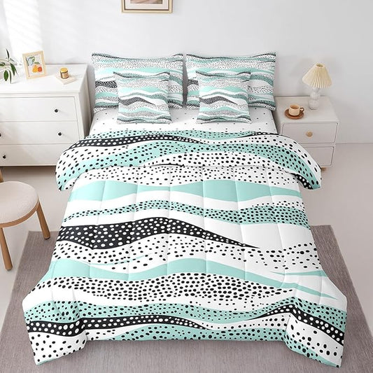 Erosebridal Geometric Wave Full Comforter Set 7 Pieces Teal White Bedding Comforter Sets, Black Polka Dots Bed in a Bag Modern Abstract Art Bedding Set, Vintage Minimalist Bed Sheets Set