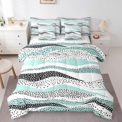 Erosebridal Geometric Wave Bed in a Bag 7-Piece Teal White Bedding Set, Black Polka Dots King Size Comforter Set Modern Abstract Art Bedding Comforter Sets, Vintage Minimalist Bed Set