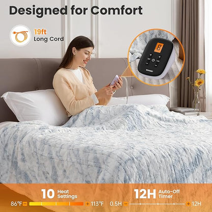WOOMER Heated Blanket Full Size 77" x 84", Electric Blanket with 0.5-12 Hours Timer & 10 Heating Levels, ETL Certified, Marble Blue Double-Sided Faux Fur, Over-Heat Protect, Machine Washable