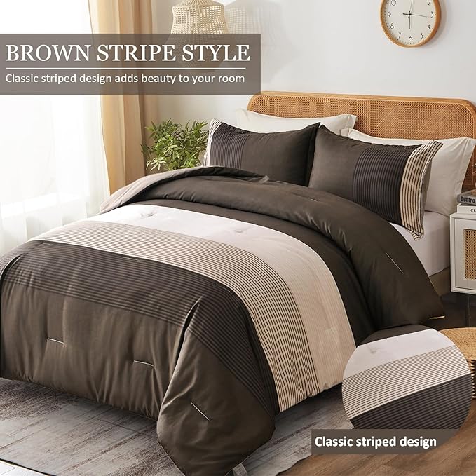 Brown Comforter Set King, Reversible Brown Striped Down Alternative Comforter for King Bed,3 Pieces (1 Comforter+2 Pillowcases), Soft Microfiber Bedding Duvet Set 104"×90"