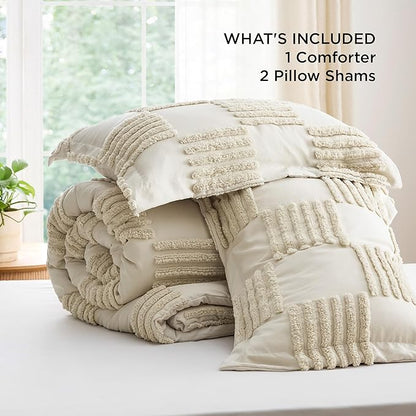 Bedsure Full Size Comforter Set Linen, Boho Tufted Bed Set, Grande Checkered Farmhouse Shabby Chic Bedding, 3 Pieces, 1 Plaid Geometric Comforter and 2 Pillow Shams