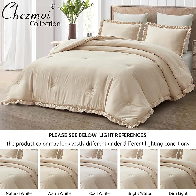 Chezmoi Collection Nora Light Sand Comforter Set Queen Size 3-Piece Lightweight Fluffy Soft Stone-Washed Ruffled Shabby Chic Bedding for All Season