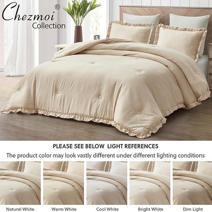 Chezmoi Collection Nora Light Sand Comforter Set Twin Size 2-Piece Lightweight Soft Stone-Washed Ruffled Shabby Chic Bedding for All Season
