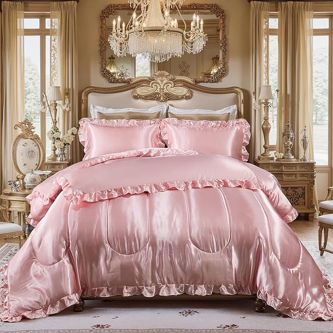 Satin King Comforter Set Silk Like Satin Bedding Set Hotel Soft Polyester Pink Bed Set Luxury Silky Pillow Cover with Quilt Set Ruffle Down Comforter Home Decor