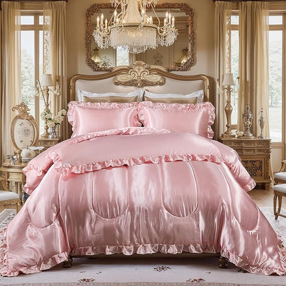 Satin King Comforter Set Silk Like Satin Bedding Set Hotel Soft Polyester Pink Bed Set Luxury Silky Pillow Cover with Quilt Set Ruffle Down Comforter Home Decor