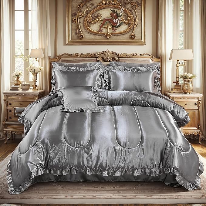 Satin Comforter Set with Sheet Set King 8 Pieces Silk Like Grey Bedding Silky Ruffle Pattern Luxury Silky Comforter Set with 1 Cushion Cover