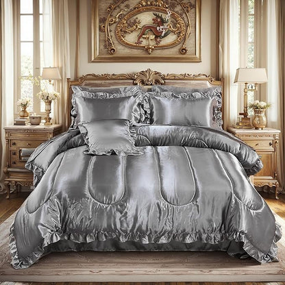 Satin Comforter Set with Sheet Set King 8 Pieces Silk Like Grey Bedding Silky Ruffle Pattern Luxury Silky Comforter Set with 1 Cushion Cover
