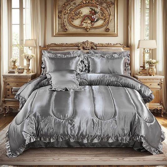 Satin Comforter Set with Sheet Set King 8 Pieces Silk Like Grey Bedding Silky Ruffle Pattern Luxury Silky Comforter Set with 1 Cushion Cover