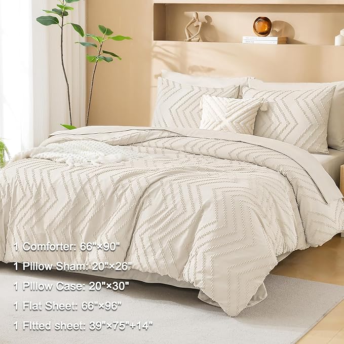 Litanika Twin Comforter Set with Sheets Beige - 5 Pieces Boho Tufted Shabby Chic Bed in a Bag, Fluffy Soft Farmhouse Bed Set for All Seasons
