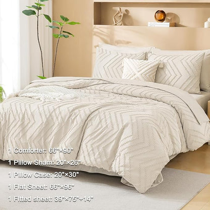 Litanika Twin Comforter Set with Sheets Beige - 5 Pieces Boho Tufted Shabby Chic Bed in a Bag, Fluffy Soft Farmhouse Bed Set for All Seasons