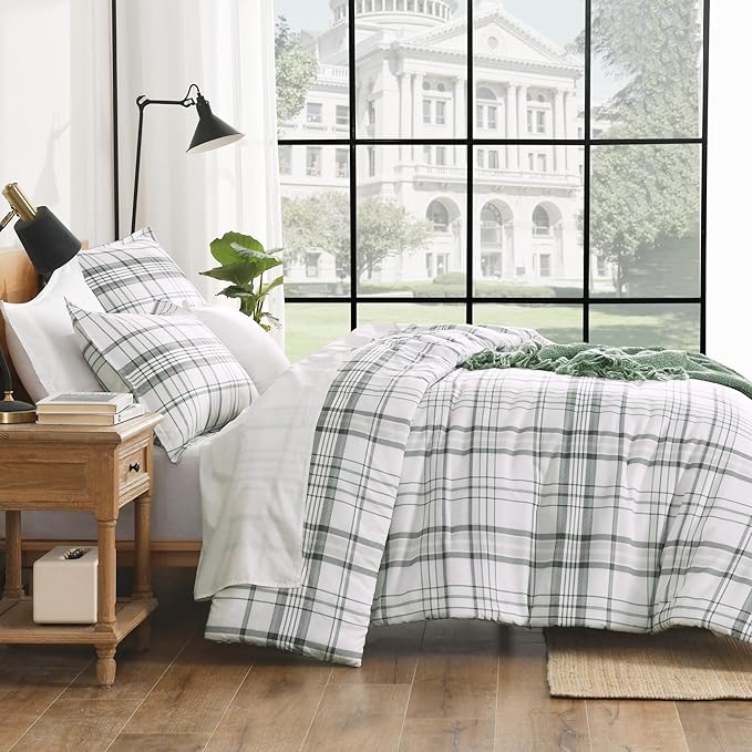 Andency Green White Plaid Comforter Set Queen(90x90Inch), 3 Pieces Preppy Grid Gingham Stripes Bedding Comforter Sets for Boys Girls Kids, Green Line Soft Lightweight Geometric Reversible Bed Set