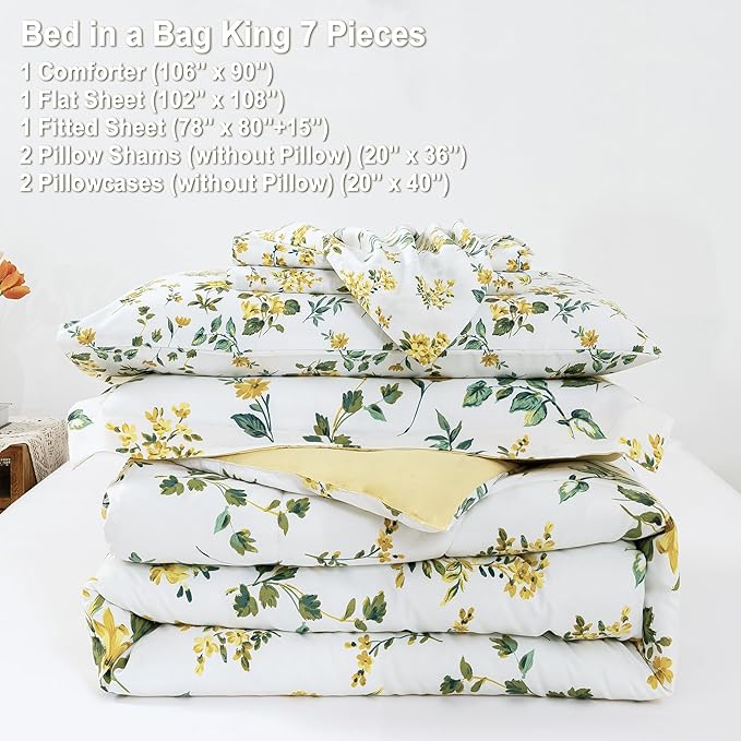 Floral King Comforter Set with Sheets, 7 Piece Luxury Vintage Bedding, Soft Microfiber Bed in a Bag, Cozy Lightweight Bed Set, Yellow Flower Green Leaves