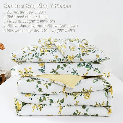 Floral King Comforter Set with Sheets, 7 Piece Luxury Vintage Bedding, Soft Microfiber Bed in a Bag, Cozy Lightweight Bed Set, Yellow Flower Green Leaves