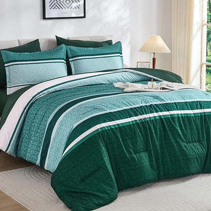 WONGS BEDDING 7 Pieces Comforter Set Queen Size, Green Striped Bed in a Bag Comforter and Sheet Set, Emerald Green Boho Soft Lightweight Micorfiber Bedding Set for All Season (90"×90")