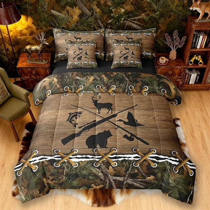 Hunting Comforter Set Queen Comforter Set with Sheets | Bass Fish Duck Bear Deer 7 Piece Bedding Sets Camo Country Fishing Bed in a Bag, Farmhouse Woodland Animals Room Decor,Rustic Cabin Decor