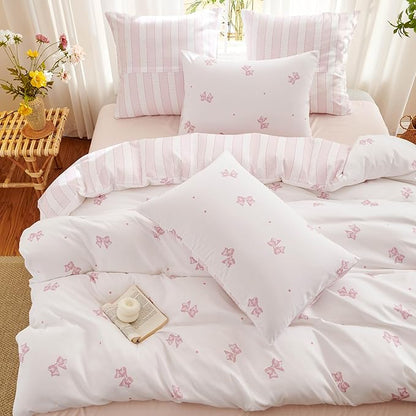 White Queen Comforter Set - Pink Bow Comforter Set Queen Size, Stripes Quilt Bedding Set 3 Pieces, Soft & Lightweight Comforter(90‘’ x 90‘’) for Girl All Season & 2 Pillowcases(30‘’x20‘’)