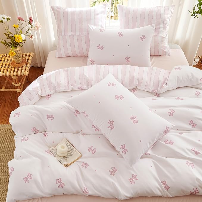 White Comforter Set Full Size - Pink Bow Quilt Bedding Set 3 Pieces, Sripes Comforter Set Full, Soft & Lightweight Comforter(79‘’ x 90‘’) for Girl All Season & 2 Pillowcases(30‘’x20‘’)